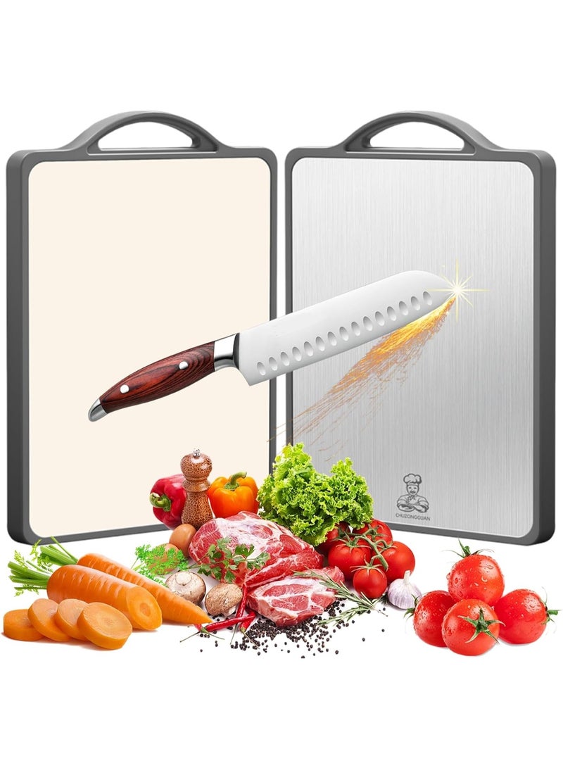 AoMige Double-Sided Stainless Steel Cutting Board–Large Non-Toxic Chopping Board for Meat,Vegetables & Fruits,Wheat Straw PP Kitchen Board with Juice Groove & Handle,Dishwasher Safe (15x10.2") - Image 1